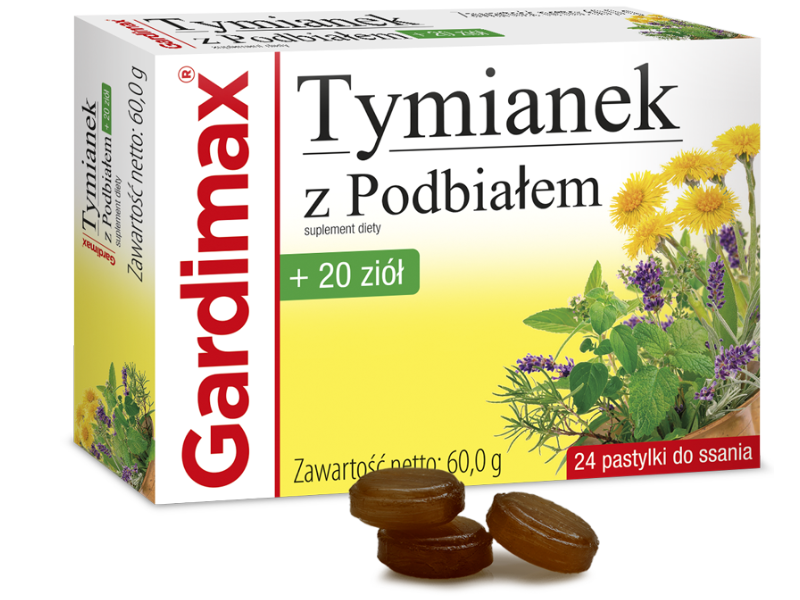 Gardimax tymianek z podbiałem + 20 ziół, pastylki do ssania, 24 pastyl.
