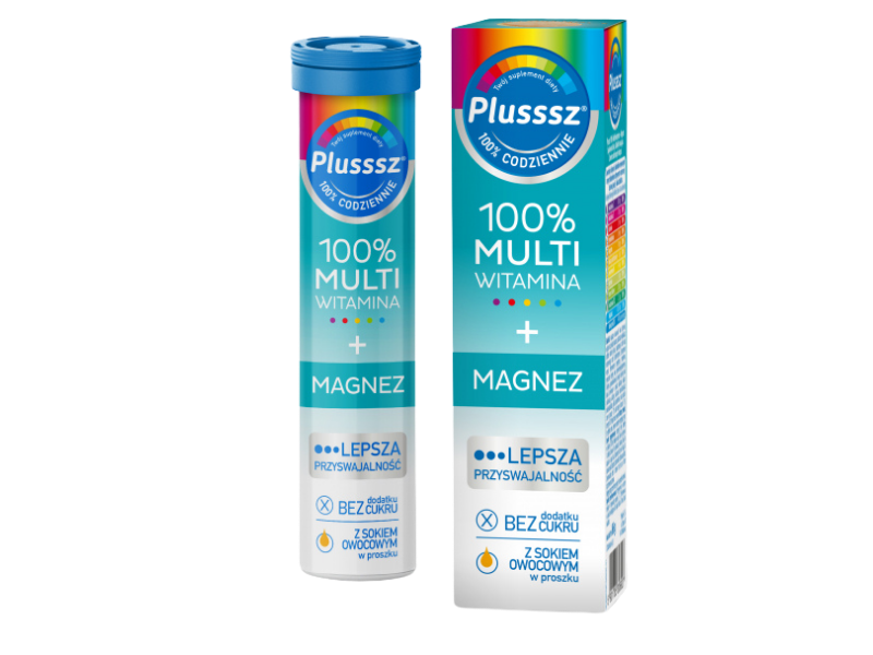 Plusssz 100% Multiwitamina + Magnez, smak mango-pomarańczowy, tabletki musujące, 20 tabl.