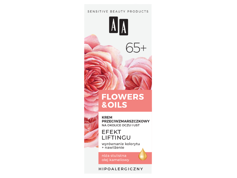 AA Flowers & Oils 65+ przeciwzmarszczkowy na okolice oczu i ust, krem, 15 ml