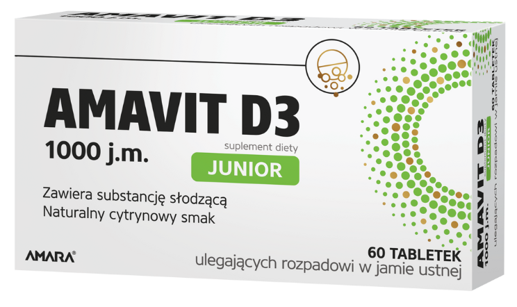Amavit D3 Junior, tabletki ulegające rozpadowi w jamie ustnej, 1000 j.m., 60 tabl.