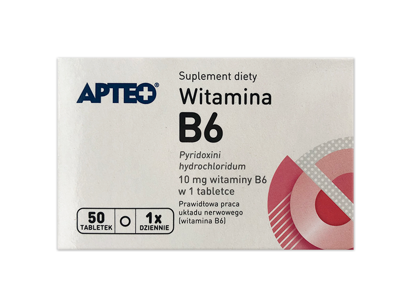 Apteo Witamina B6, tabletki, 10 mg, 50 tabl.