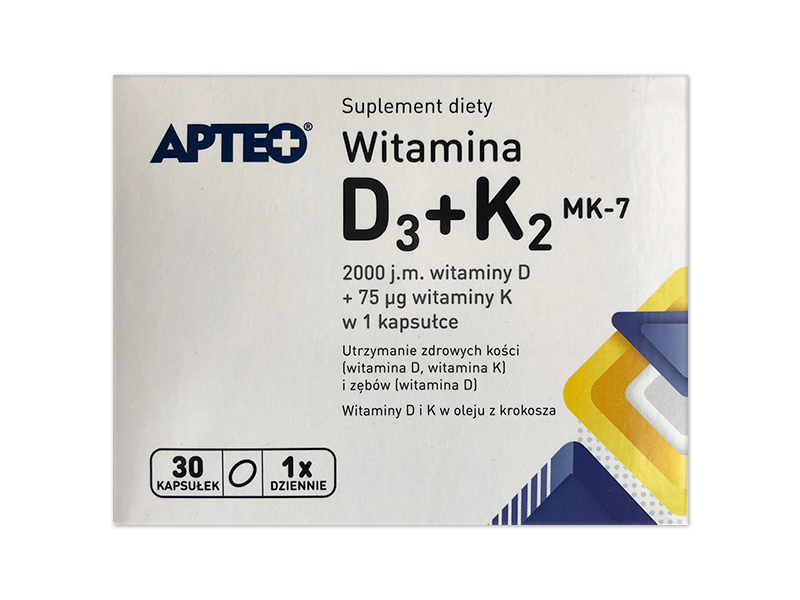 Apteo witamina D3+K2 MK-7, kapsułki, 50 µg + 75 µg, 30 kaps.