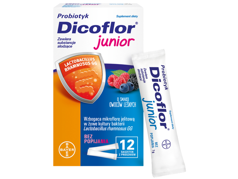 Dicoflor Junior, smak owoców leśnych, proszek, 12 sasz.