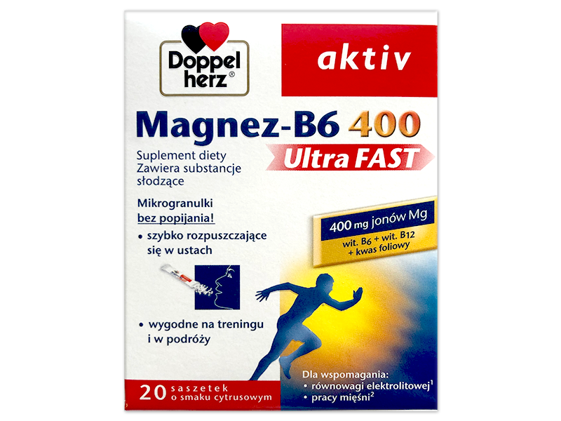 Doppelherz Aktiv Magnez-B6 400 UltraFAST, granulki w saszetkach, 20 sasz.