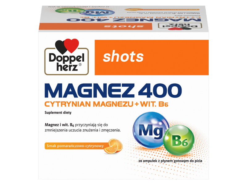 Doppelherz Shots Magnez 400 cytrynia magnezu + wit. B6, płyn doustny, 20 szt.