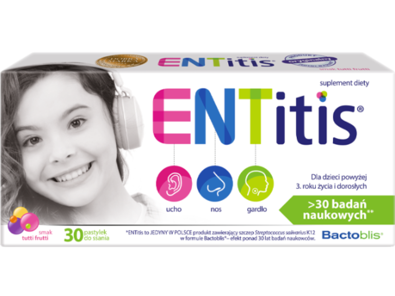 Entitis dla dzieci powyżej 3 roku życia, smak tutti frutti, pastylki do ssania, 30 szt.