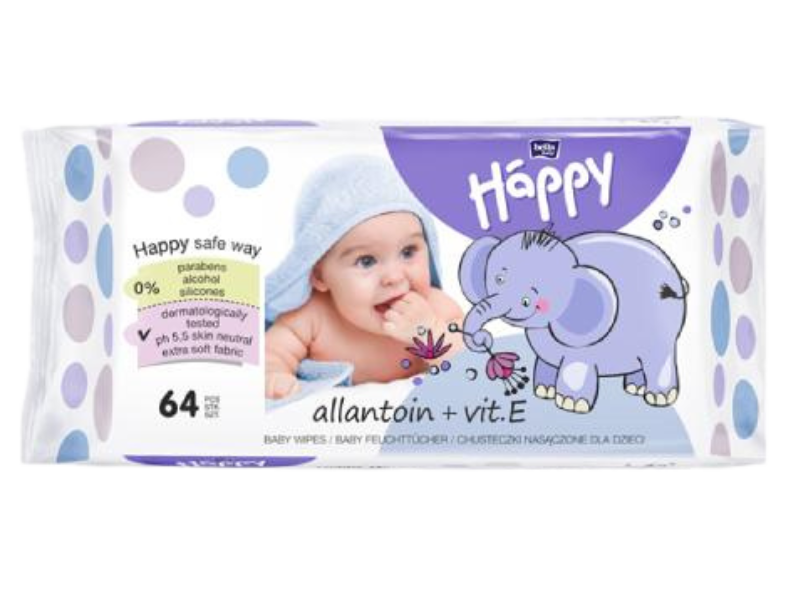 HAPPY Chusteczki nawilżane dla dzieci z witaminą E i alantoiną, 64 szt.