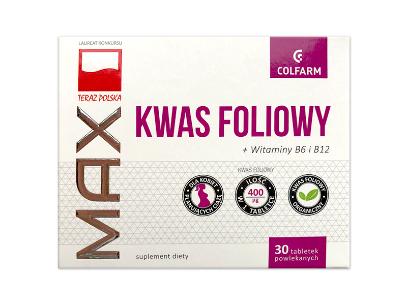 Kwas foliowy Max, tabletki, 400 µg + 0,7 mg + 1,25 µg, 30 tabl.