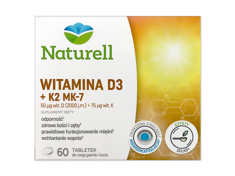 Naturell Witamina D3 + K2 MK-7, tabletki, 50 µg + 75 µg, 60 tabl.