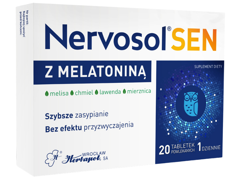 Herbapol Wrocław Nervosol Sen z melatoniną, tabletki, 1 mg, 20 tabl.