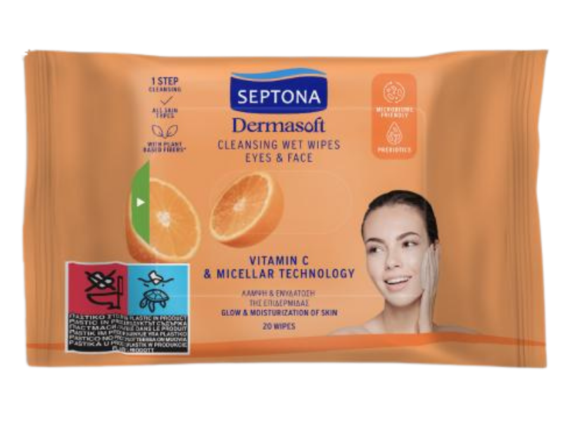 SEPTONA Dermasoft Oczyszczające chusteczki nawilżane z witaminą C i technologią micelarną do twarzy i oczu, 20 szt.