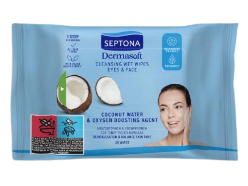 SEPTONA Dermasoft Oczyszczające chusteczki nawilżane z wodą kokosową do twarzy i oczu, 20 szt.