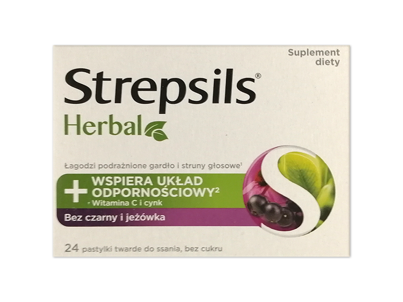 Strepsils Herbal, czarny bez i jeżówka, pastylki do ssania, 24 pastylki