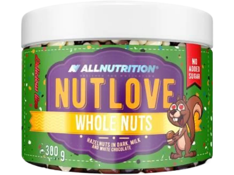 ALLNUTRITION NutLove WholeNuts Orzechy laskowe w ciemnej, mlecznej i białej czekoladzie, produkt sypki, 300 g