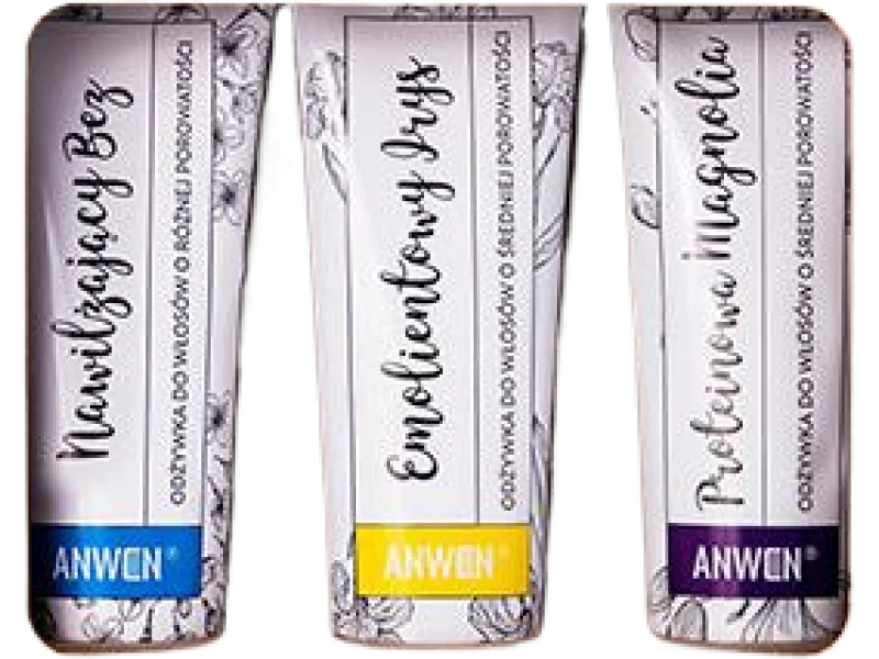 Anwen zestaw odżywek do włosów o średniej porowatości nawilżający bez + emolientowy irys + proteinowa magnolia, odżywka, 100 ml