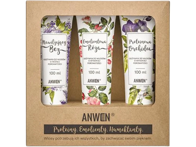 Anwen zestaw odżywek do włosów o wysokiej porowatości nawilżający bez + emolientowa róża + proteinowa orchidea, odżywka, 100 ml