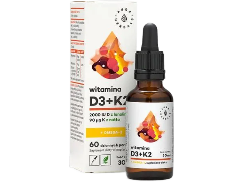 AURA HERBALS Witamina D3 + K2mk7 + Omega-3, krople, 30 ml