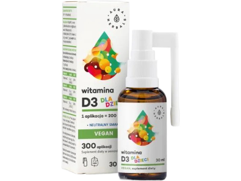 AURA HERBALS Witamina D3 Vegan dla dzieci, aerozol, 10 μg, 30 ml