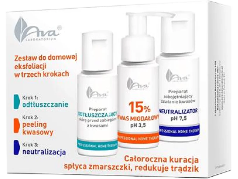 AVA Zestaw do domowej eksfoliacji odtłuszczacz + peeling kwasowy kwas migdałowy + neutralizator, 3×50 szt.