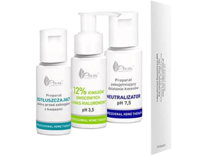 AVA zestaw do domowej eksfoliacji odtłuszczacz + peeling kwasowy kwasów owocowych + kwas hialuronowy + neutralizator, 3×50 ml