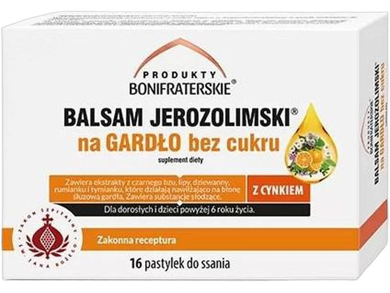 Balsam jerozolimski na gardło bez cukru, pastylki do ssania bez cukru, 16 past.