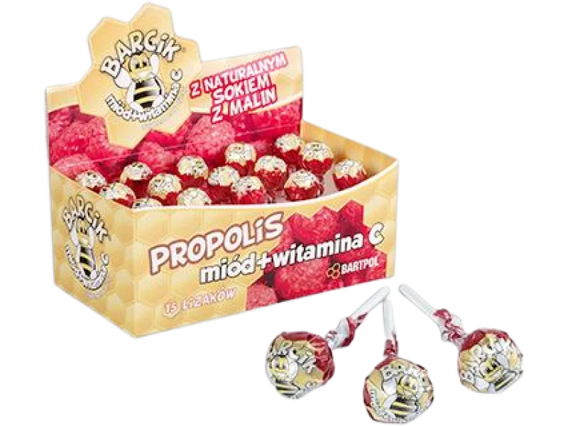 Barcik z propolisem, miodem i witaminą C, smak malinowy, lizak, 1 szt.