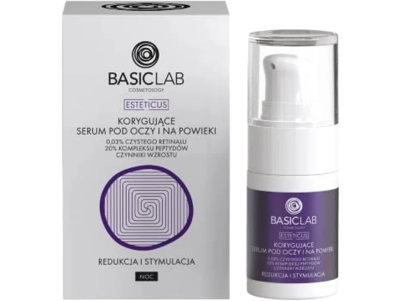BASICLAB Esteticus Korygujące serum pod oczy z retinalem 0,03%, 20% kompleksem peptydów i czynnikami wzrostu Redukcja i Stymulacja, 15 ml