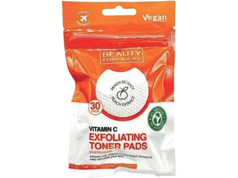 BEAUTY FORMULAS złuszczające płatki do oczyszczania twarzy witamina C i brzoskwinia, płatki nasączone, 30 szt.