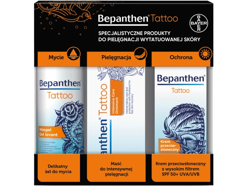 Bepanthen Tattoo delikatny żel do mycia + maść do intensywnej pielęgnacji + krem przeciwsłoneczny SPF50+, zestaw, 200 ml + 50 g + 50 g szt.