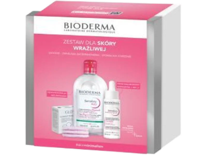 Bioderma Sensibio Xmass 2024 H2O woda micelarna + Defensive serum + płatki kosmetyczne Glov puszyste, zestaw, 500 + 30 + 3 szt.