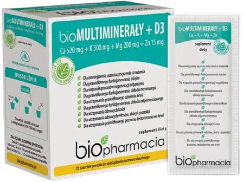 BIOFARMACJA bio Multiminerały + D3, proszek do sporządzania roztworu doustnego, 28 sasz.