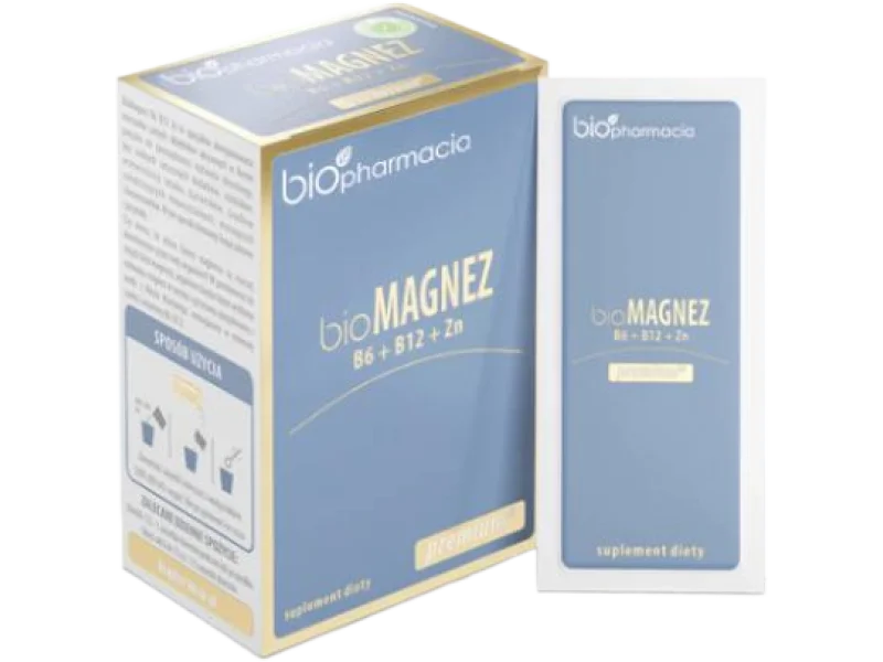 BIOPHARMACIA BioMagnez Premium z witaminami B6, B12 i Cynkiem, proszek do sporządzania roztworu doustnego, 20 sasz.
