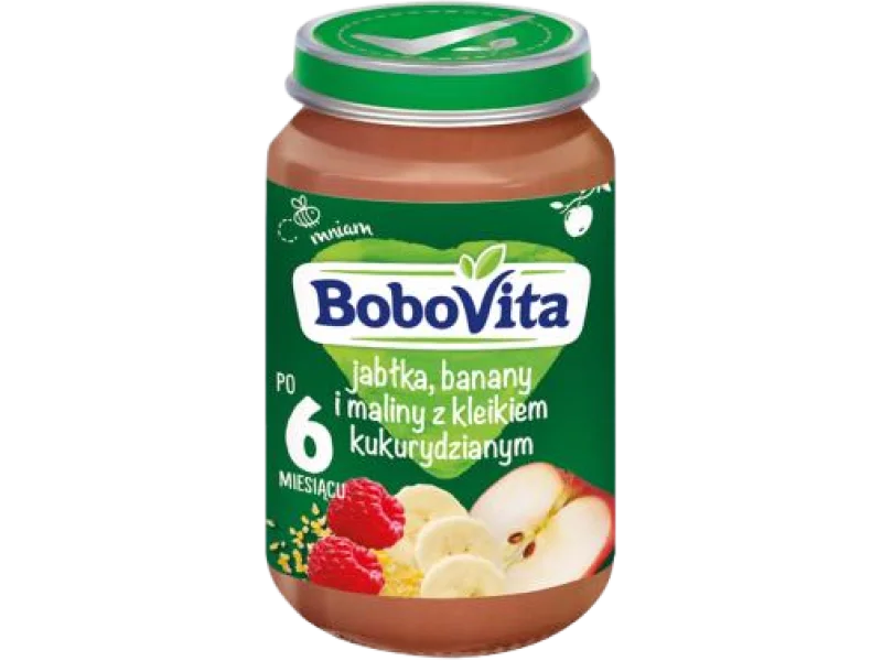 BoboVita jabłka banany i maliny z kleikiem kukurydzianym po 6 miesiącu, deser, 190 g