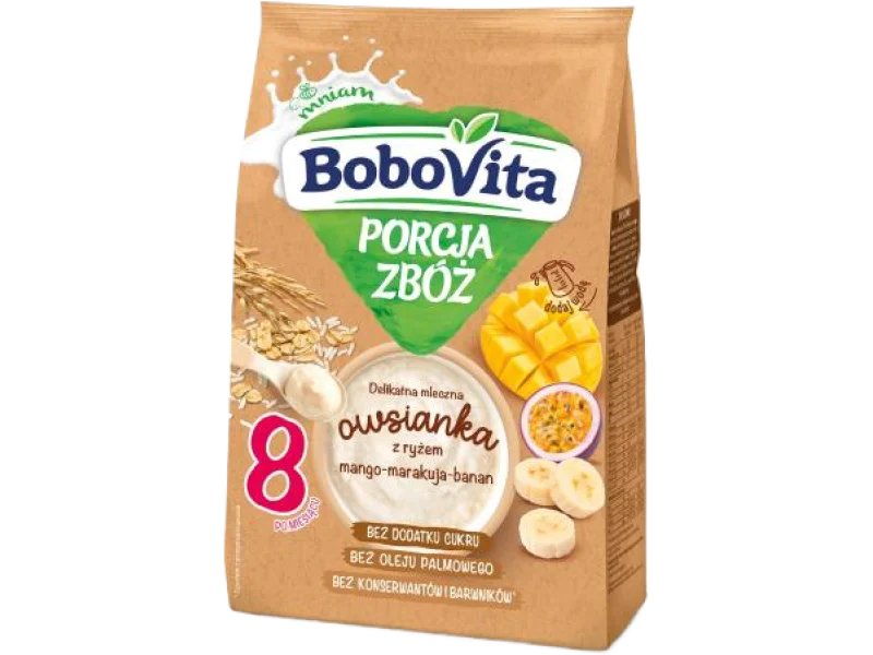 BoboVita Porcja Zbóż delikatna mleczna owsianka z ryżem mango-marakuja-banan, proszek, 210 g