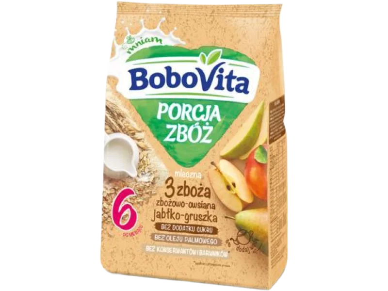 BoboVita Porcja Zbóż Kaszka mleczna 3 zboża zbożowo-owsiana jabłko-gruszka 6m+, proszek, 210 g