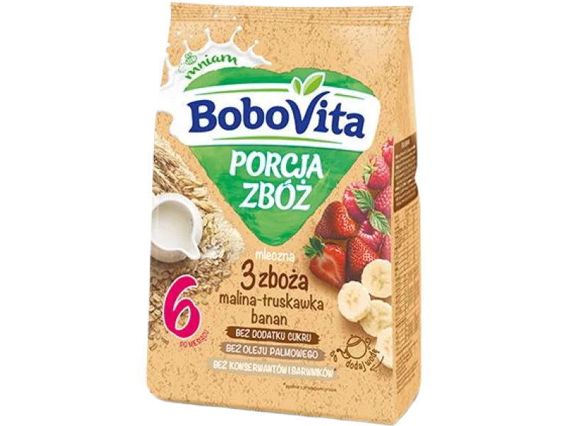 BoboVita Porcja zbóż mleczna kaszka 3 zboża malina truskawka banan, proszek, 210 g