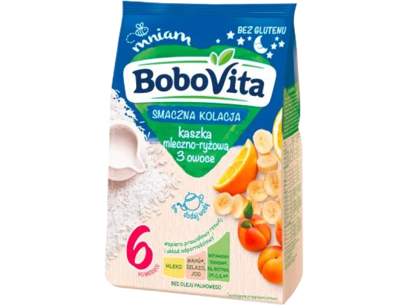 BoboVita Smaczna Kolacja Kaszka mleczno-ryżowa 3 owoce po 6 miesiącu, proszek, 230 g