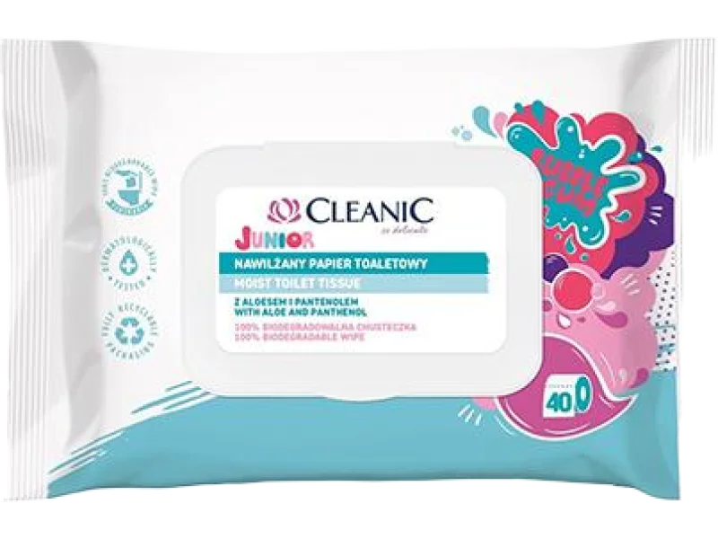 CLEANIC JUNIOR nawilżany papier toaletowy, zapach gumy balonowej, chusteczki, 40 szt.