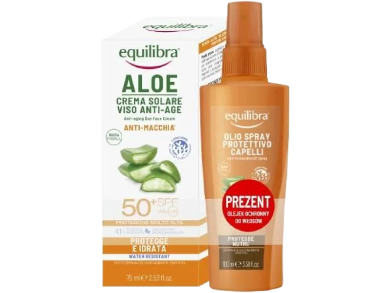 EQUILIBRA Zestaw Aloesowy krem przeciwsłoneczny SPF50+ + Ochronny olejek do włosów, 75 ml + 100 ml szt.