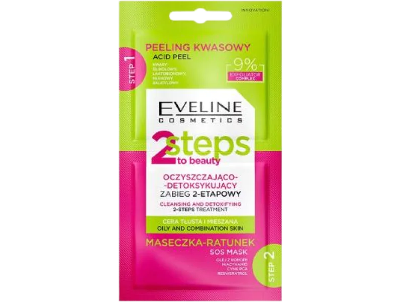 EVELINE 2 Steps To Beauty Oczyszczająco-detoksykujący zabieg 2-etapowy, maska, 2×4 ml