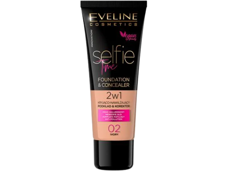 EVELINE COSMETICS SELFIE TIME Podkład i korektor 2w1 kryjąco-nawilżający 02 ivory, krem, 30 ml