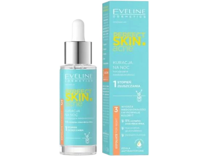 EVELINE Perfect Skin Acne Kuracja na noc korygująca niedoskonałości 1 stopień złuszczania, płyn, 30 ml