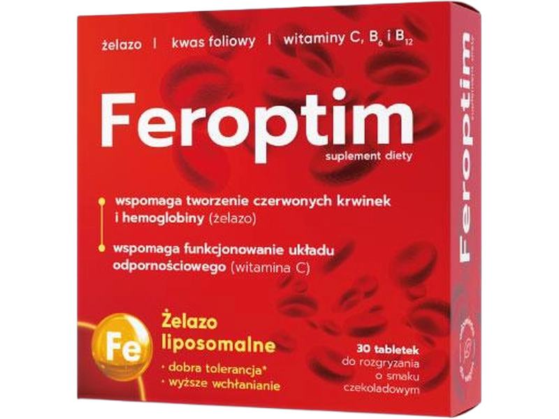 Feroptim, smak czekoladowy, tabletki do rozgryzania i żucia, 30 tabl.