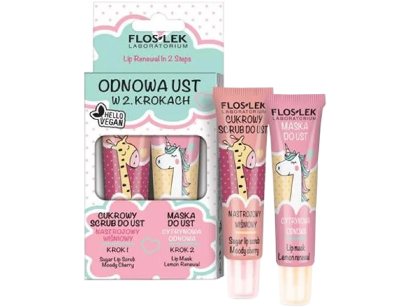 Flos-Lek Odnowa ust w 2 krokach cukrowy scrub do ust nastrojowy wiśniowy + maska do ust cytrynowa odnowa, 2 x 14 g