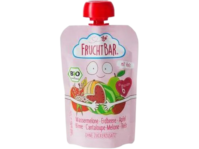 Fruchtbar ekologiczny mus owocowy z ziarnami – arbuz, truskawka, jabłko, gruszka, melon, ryż, 100 g