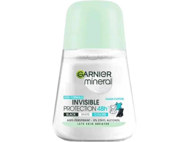GARNIER Mineral Anti-Perspirant Invisible Protection Clean Cotton, roll-on, 50 ml
