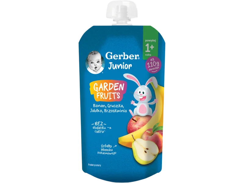 Gerber Junior Garden Fruits deserek banan gruszka jabłko brzoskwinia, mus, 110 g