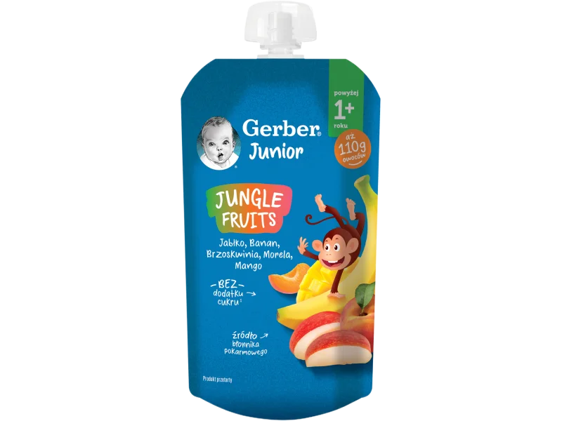Gerber Junior Jungle Fruits deserek jabłko banan brzoskwinia morela mango powyżej 1+ roku, mus, 110 g