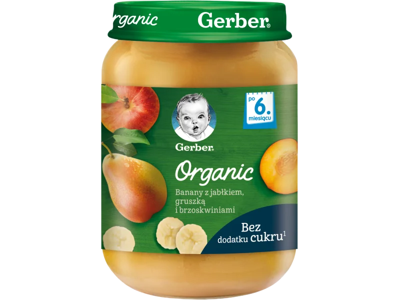 Gerber Organic banany z jabłkiem, gruszką i brzoskwiniami, żywność specjalnego przeznaczenia medycznego, 190 g