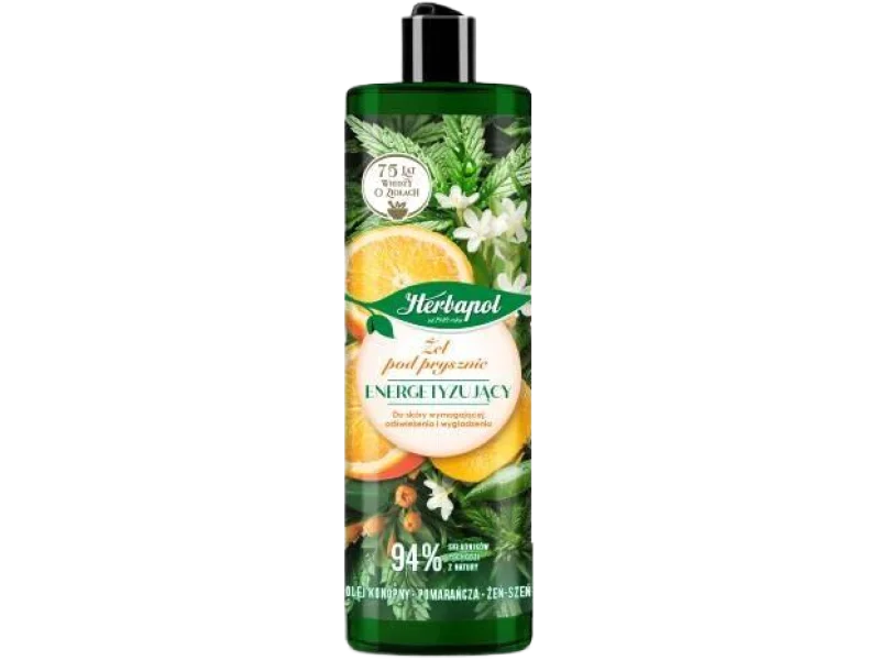 HERBAPOL Energetyzujący żel pod prysznic Olej konopny Pomarańcza Żeń-szeń, 400 ml